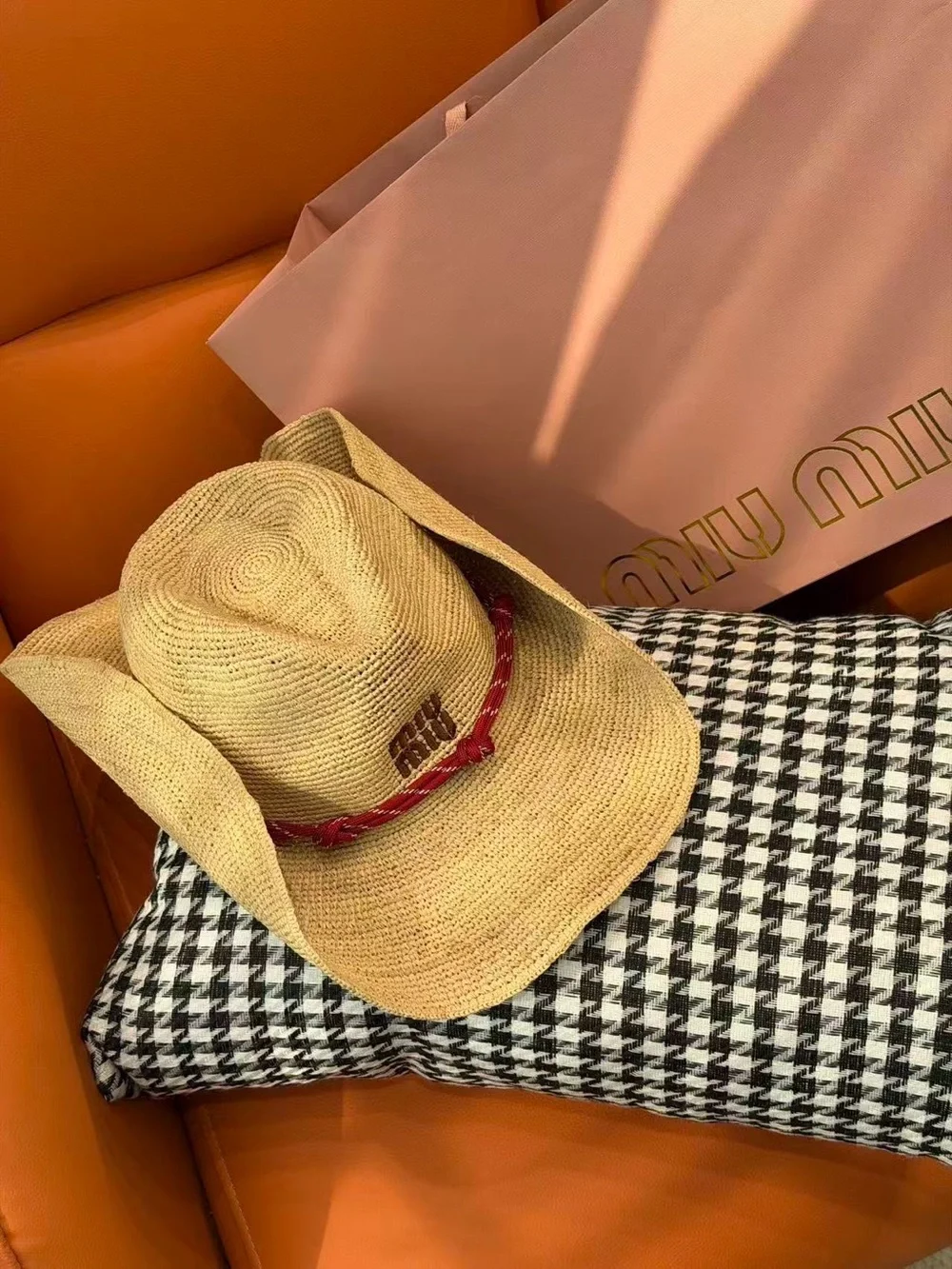 Miu Miu Natural Straw Cowboy Hat with Red Band